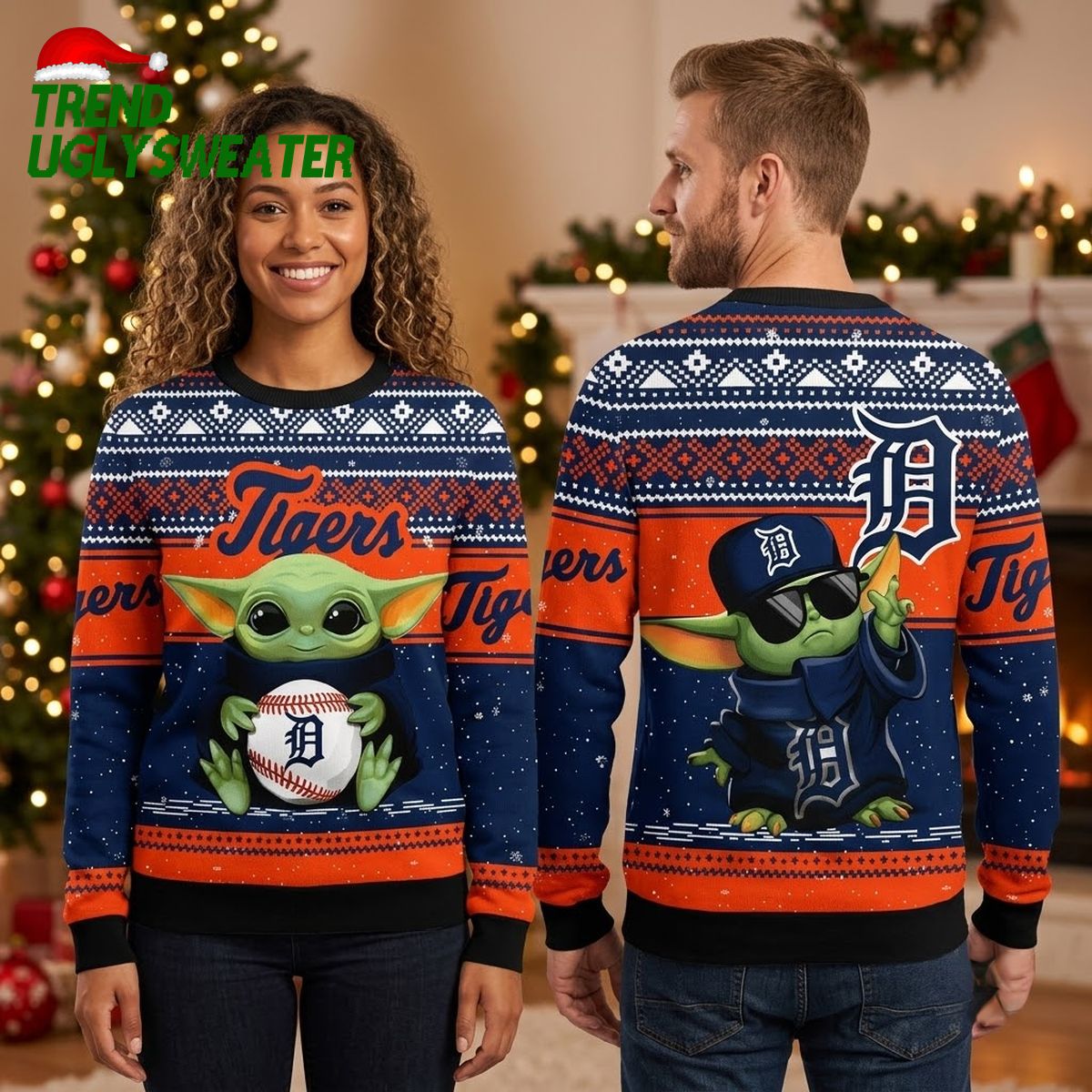 Detroit Tigers Baby Yoda Holding Baseball Ugly Christmas Sweater