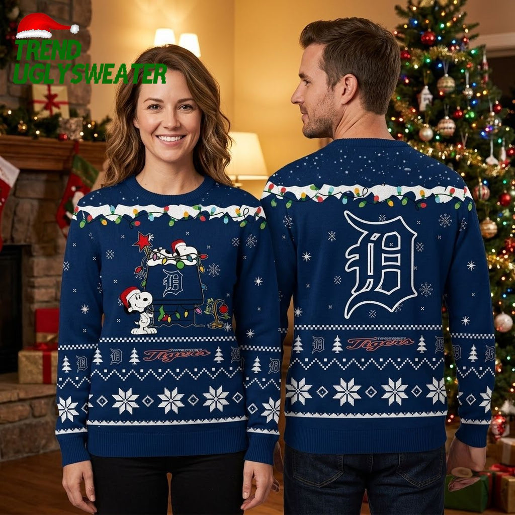 Detroit Tigers Snoopy Christmas Lights Ugly Christmas Sweater