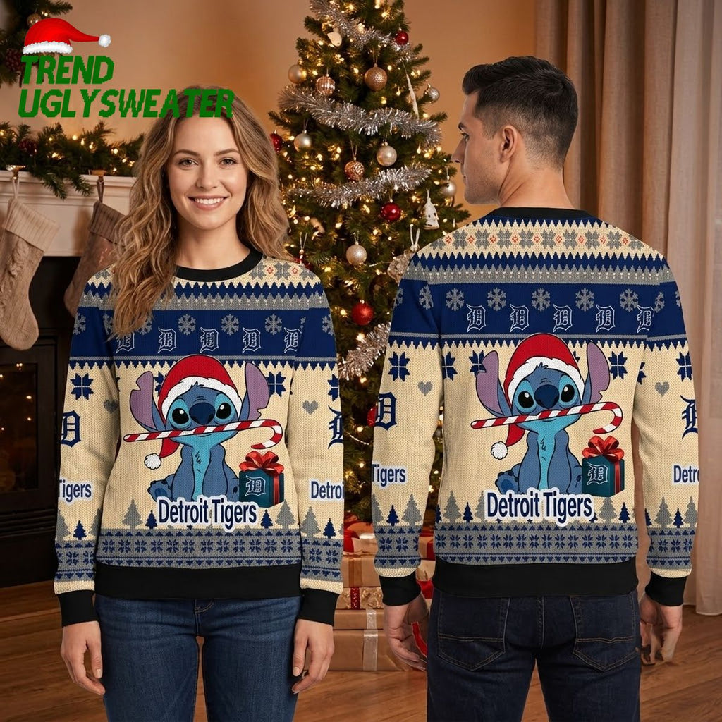 Detroit Tigers Stitch Candy Cane Ugly Christmas Sweater