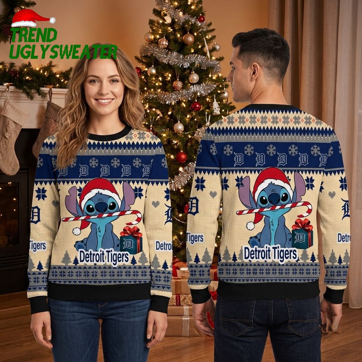 Detroit Tigers Stitch Candy Cane Ugly Christmas Sweater