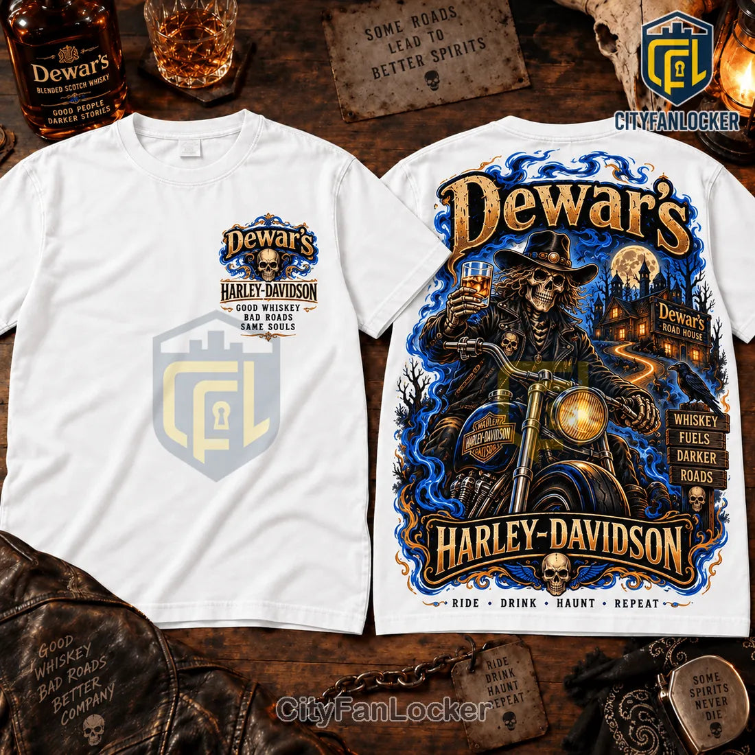 Dewars x Harley-Davidson Skeleton Whiskey White T-Shirt