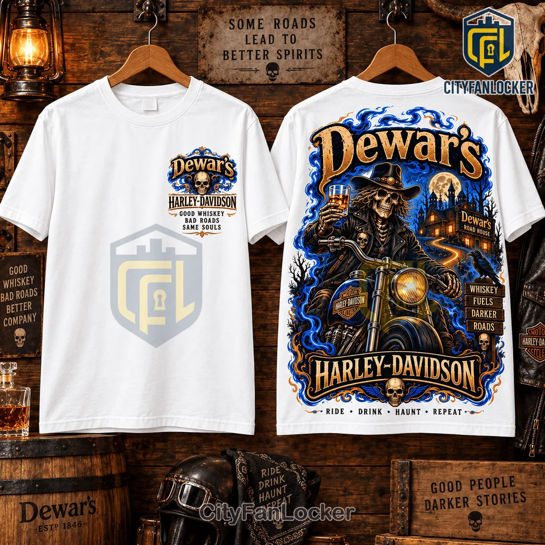 Dewars x Harley-Davidson Skeleton Whiskey White T-Shirt