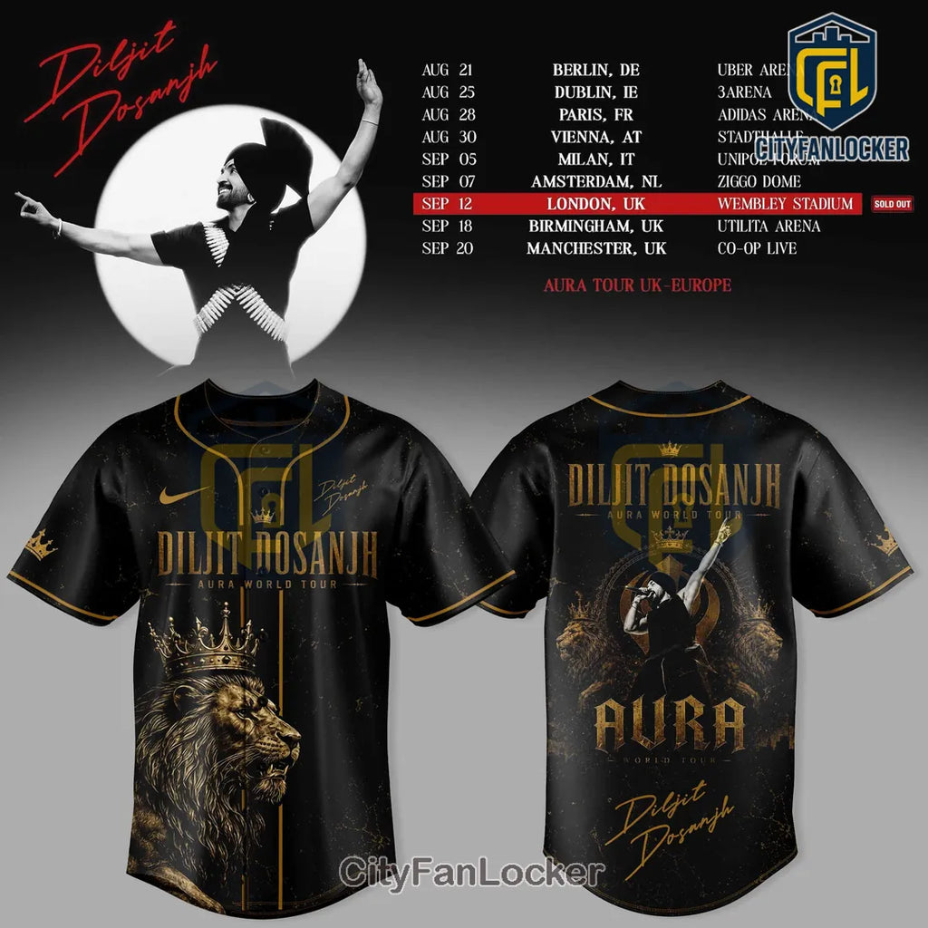 Diljit Dosanjh Aura World Tour Black Gold Baseball Jersey
