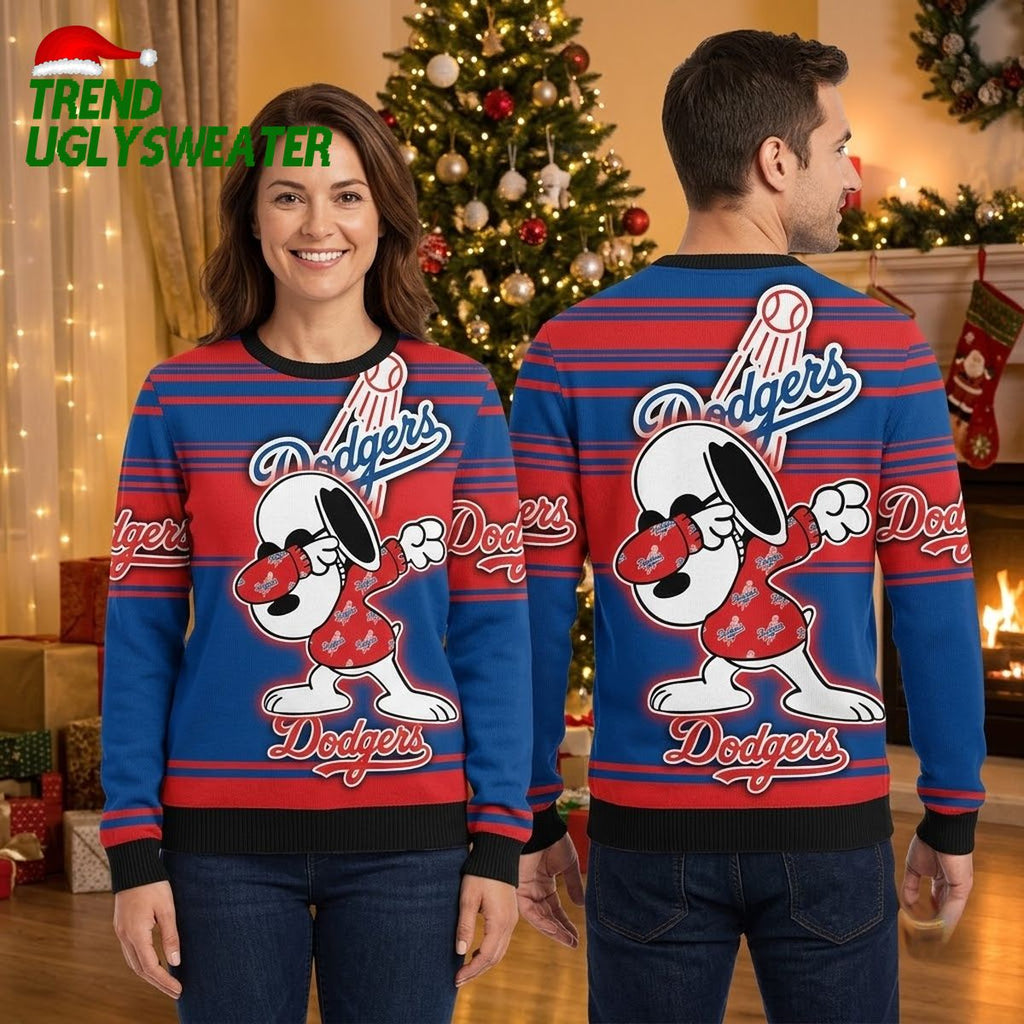 Dodgers Snoopy Dabbing Red And Blue Striped Ugly Christmas Sweater