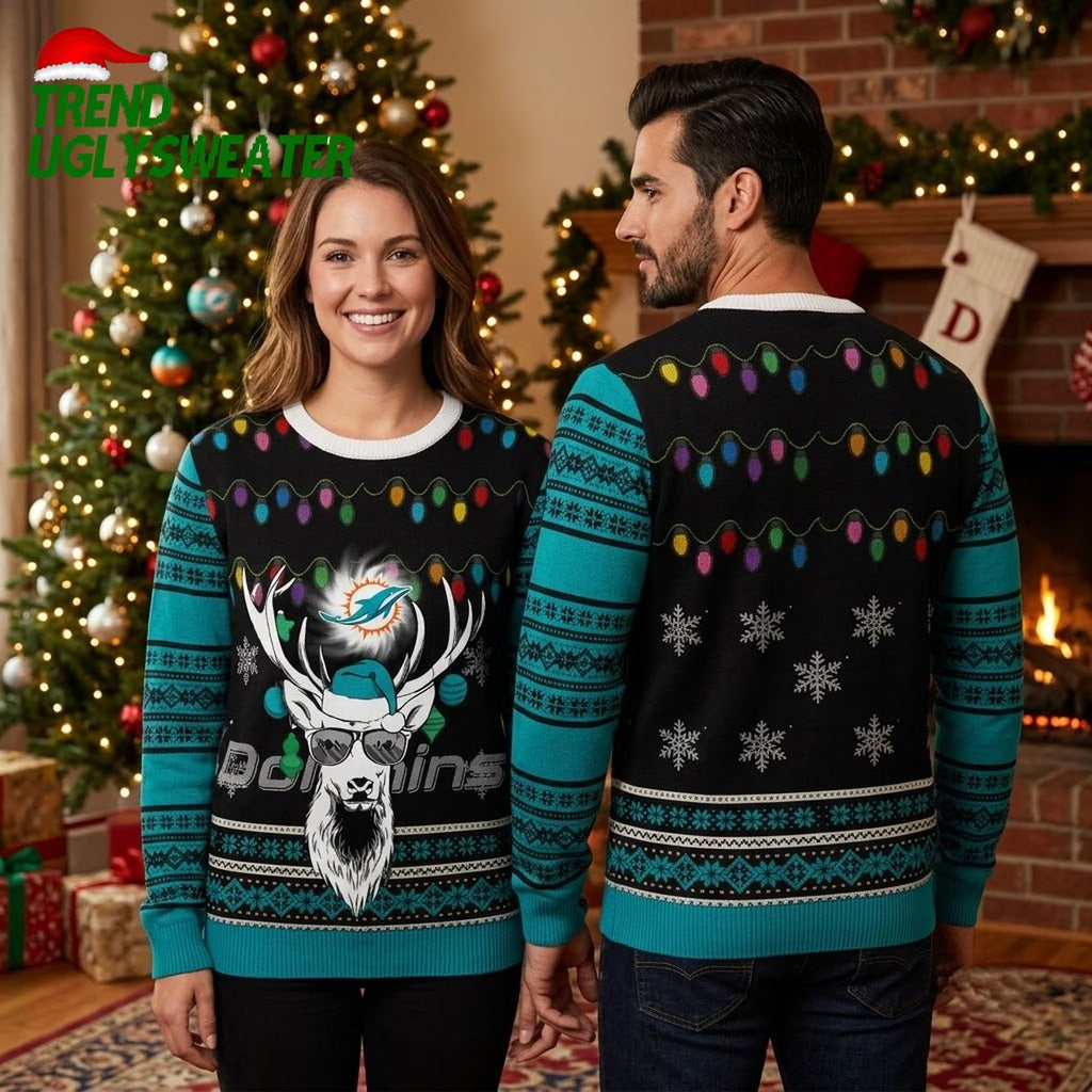 Dolphins Funny Deer With Christmas Lights Ugly Christmas Sweater