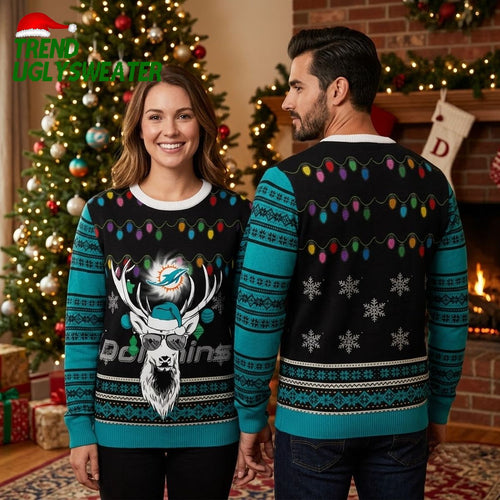 Dolphins Funny Deer With Christmas Lights Ugly Christmas Sweater