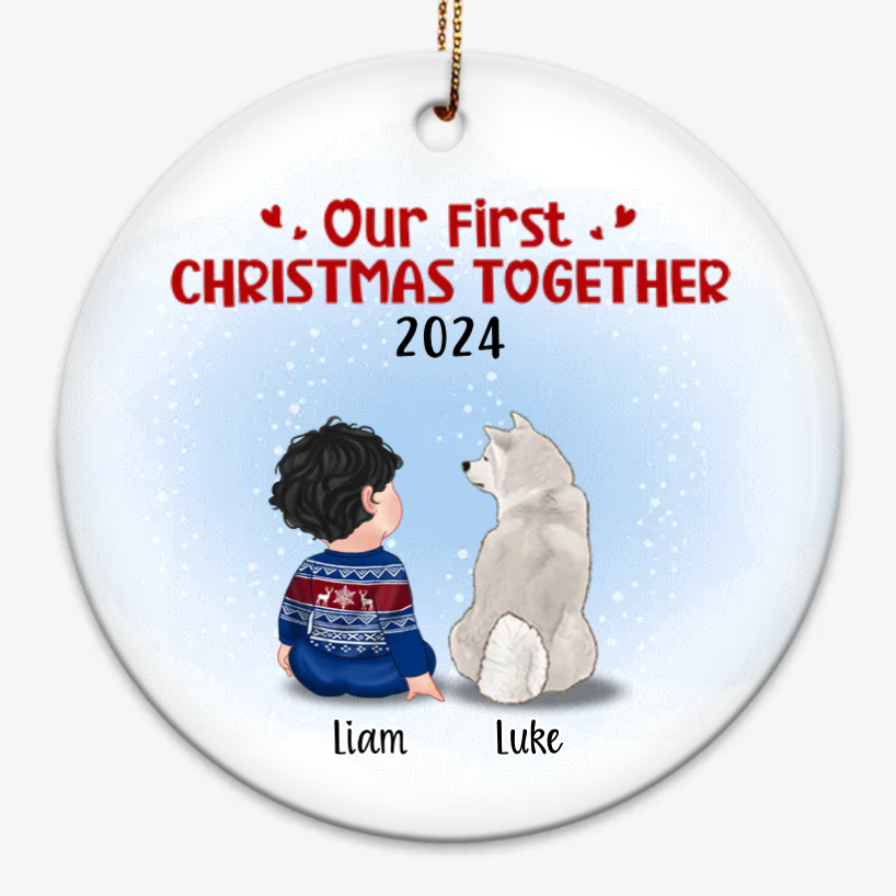 First Christmas Together Baby & Dog - Personalized Circle Ceramic Ornament - New 1st Baby Gift