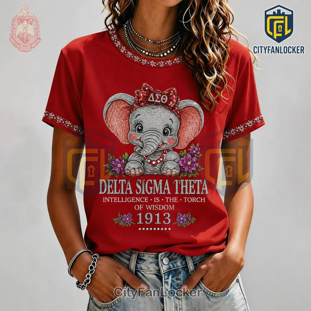 DST Cute Sparkling Elephant 1913 Sorority Sisters Red T-Shirt