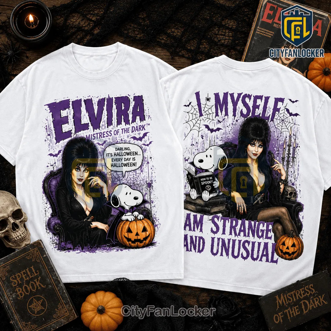 Elvira x Snoopy Strange and Unusual Halloween T-Shirt