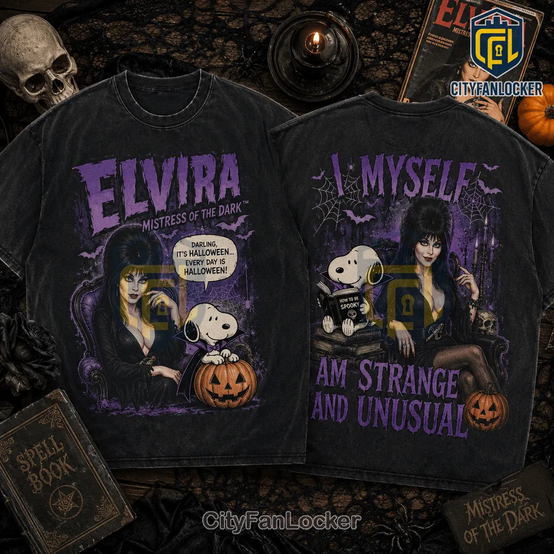 Elvira x Snoopy Strange and Unusual Halloween T-Shirt