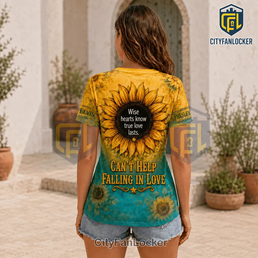 Elvis Presley Sunflower Yellow Turquoise V-Neck T-Shirt
