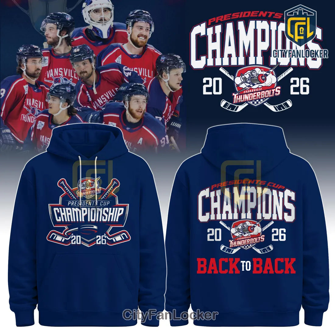Evansville Thunderbolts 2026 Champions Back to Back Hoodie