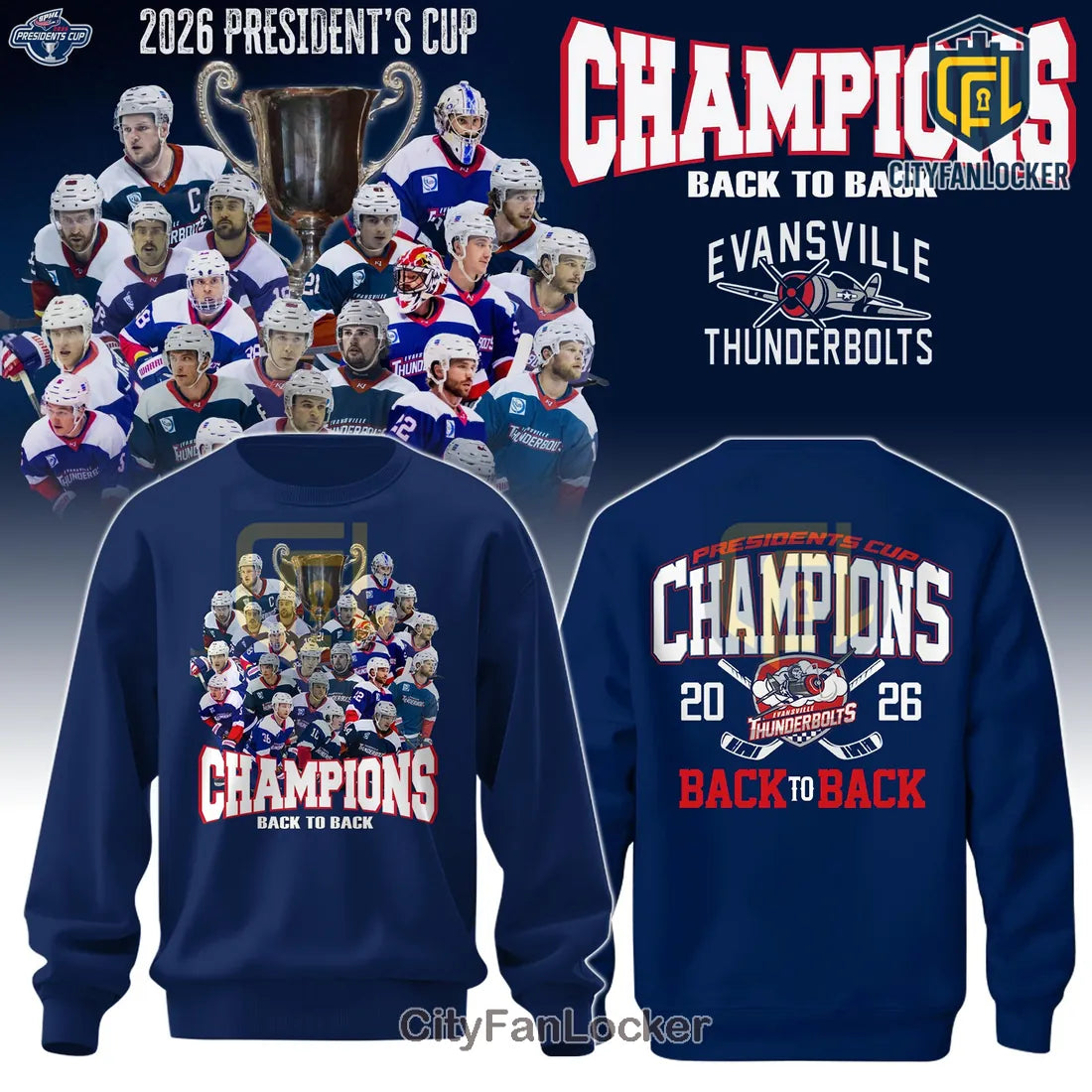 Evansville Thunderbolts 2026 President’s Cup Champions T-Shirt