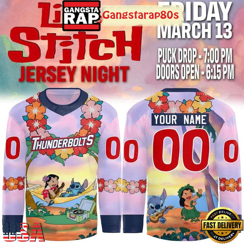 Evansville Thunderbolts Lilo & Stitch 2026 Custom Hockey Jersey