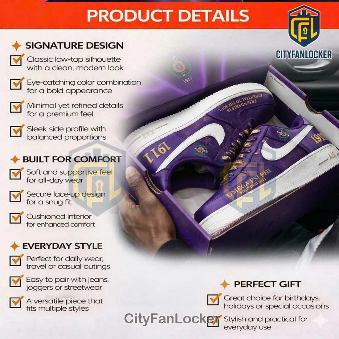 Exclusive Omega Psi Phi Purple Gold Air Force 1 Sneakers