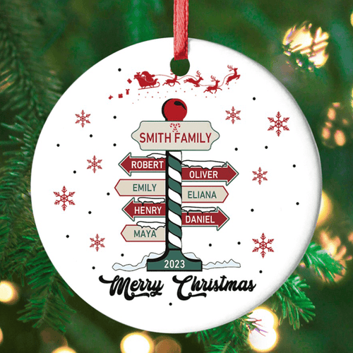 Family Christmas Tree - Circle Ceramic Ornament - Personalized Christmas Gift for Birthday, Loving, Funny Gift for Grandma/Nana/Mimi, Mom, Wife, Grandparent