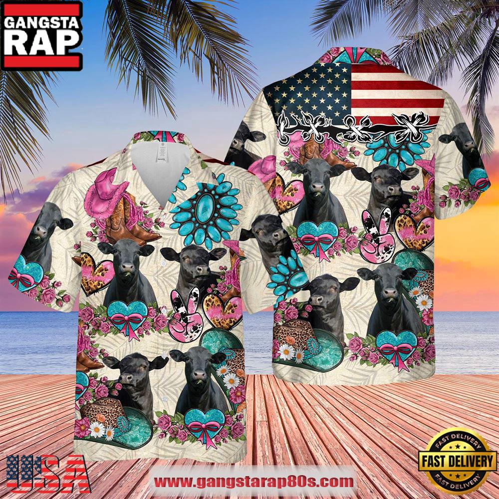Black Angus Happiness Flowers 3D Hawaiian Shirt, Farm Hawaiian Shirt