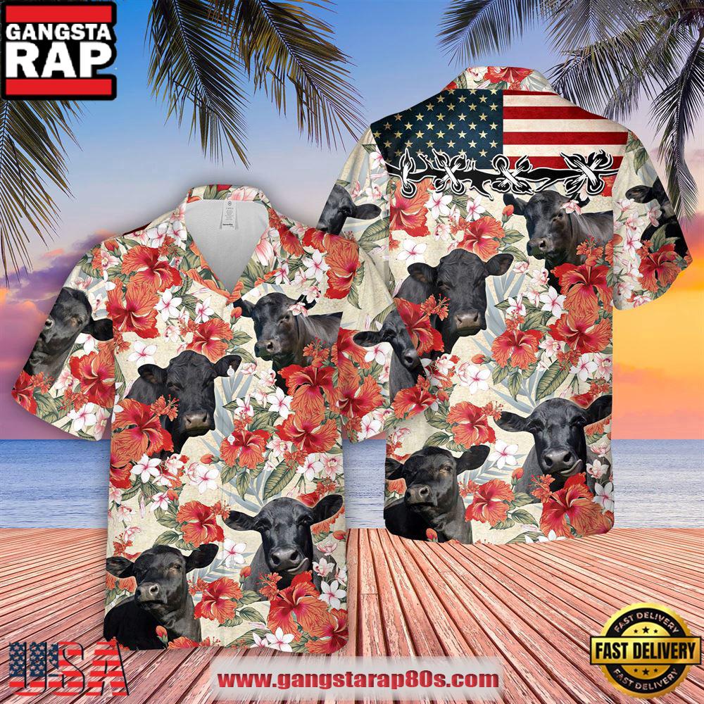 Black Angus Hibicus Floral Us Flag 3D Hawaiian Shirt, Farm Hawaiian Shirt