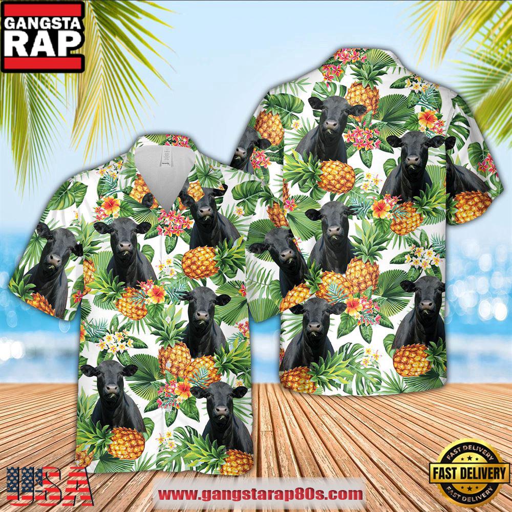 Black Angus Pineapple Pattern 3D Hawaiian Shirt, Farm Hawaiian Shirt