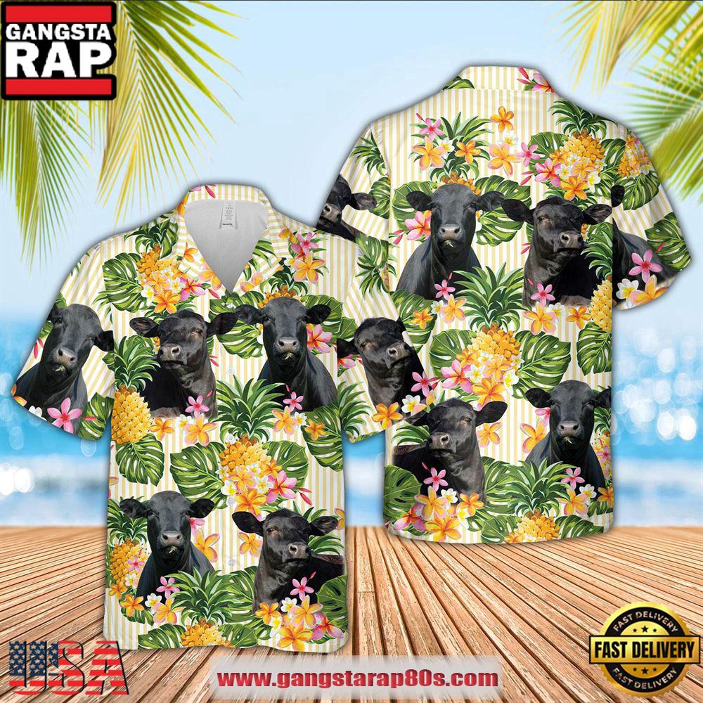 Black Angus Pineapple Pattern Hawaiian Shirt, Farm Hawaiian Shirt