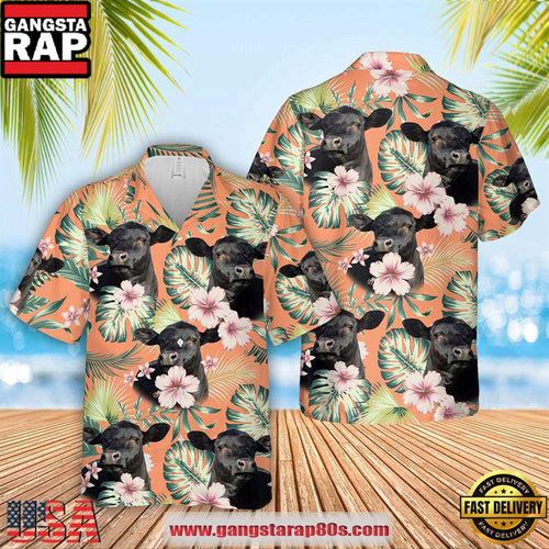 Black Angus Summer Happiness Floral Farm 3D Hawaiian Shirt, Farm Hawaiian Shirt