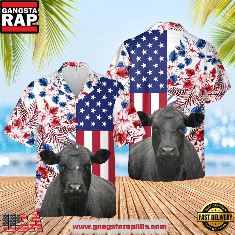 Black Angus Us Flag Flower 3D Hawaiian Shirt, Farm Hawaiian Shirt