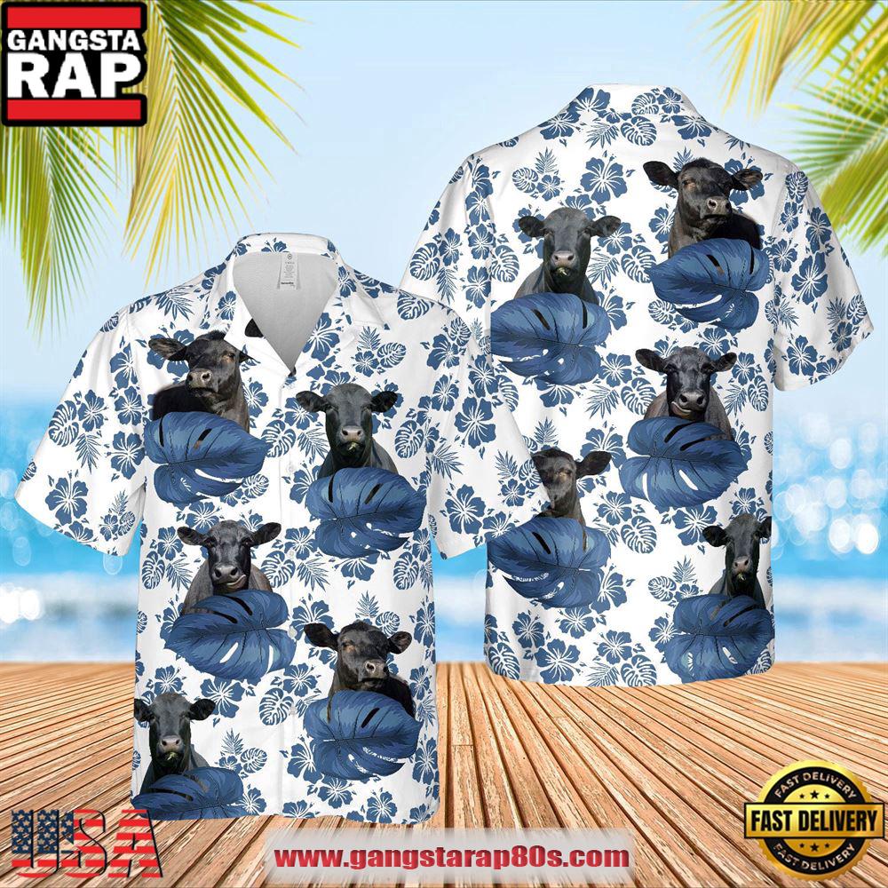 Black Angus White Blue Hawaiian Shirts, Farm Hawaiian Shirt