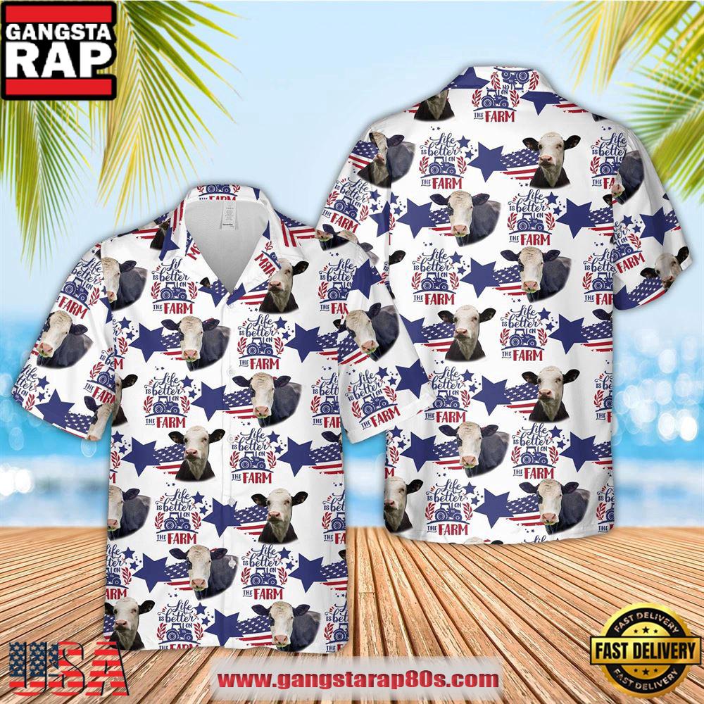 Black Baldy American Flag Pattern Hawaiian Shirt, Farm Hawaiian Shirt