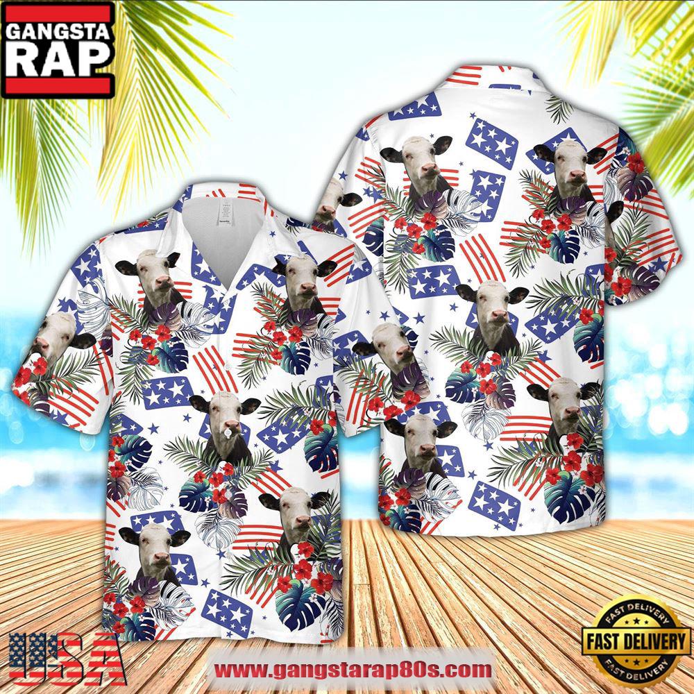 Black Baldy American Little Flowers And Flag Pattern Hawaiian Shirt, Farm Hawaiian Shirt