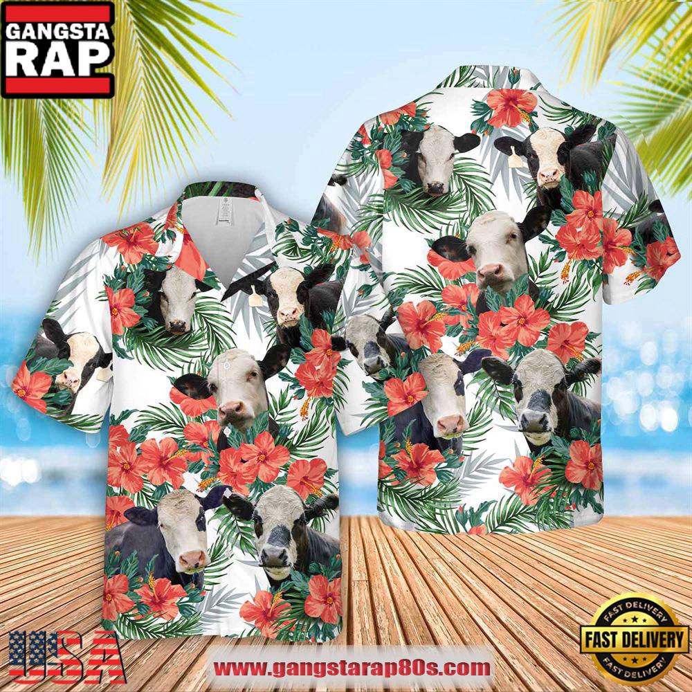 Black Baldy Cattle Hibucis Flower Pattern 3D Hawaiian Shirt, Farm Hawaiian Shirt