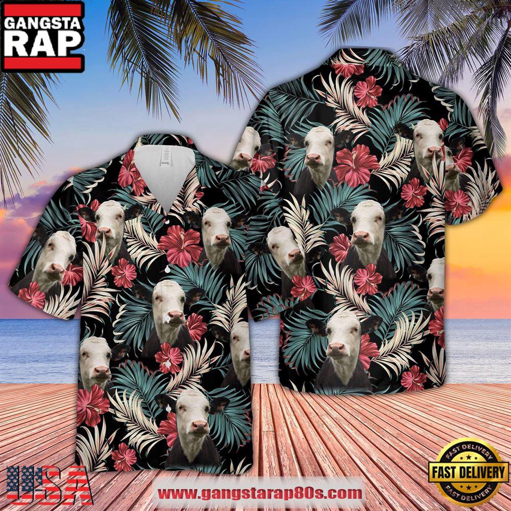 Black Baldy Dark Red Flowers Pattern Hawaiian Shirt, Farm Hawaiian Shirt