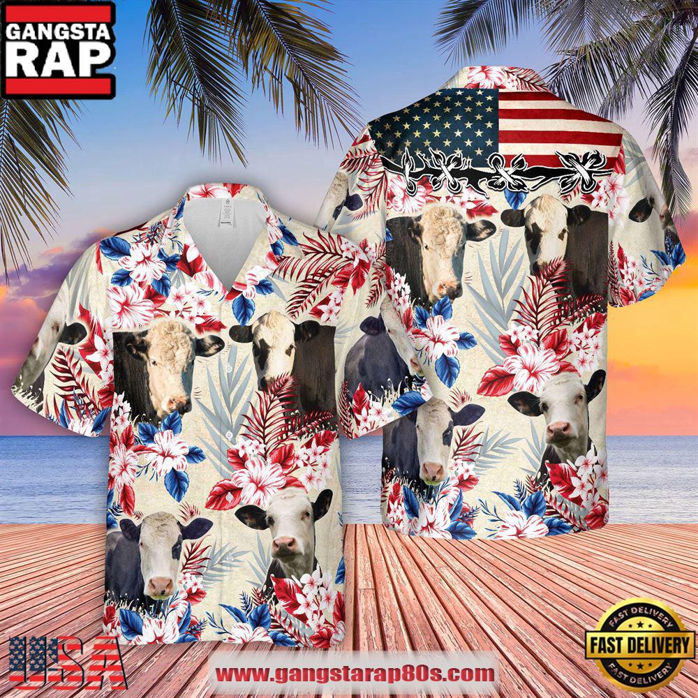 Black Baldy Pattern Us Flag Hawaiian Shirt, Farm Hawaiian Shirt