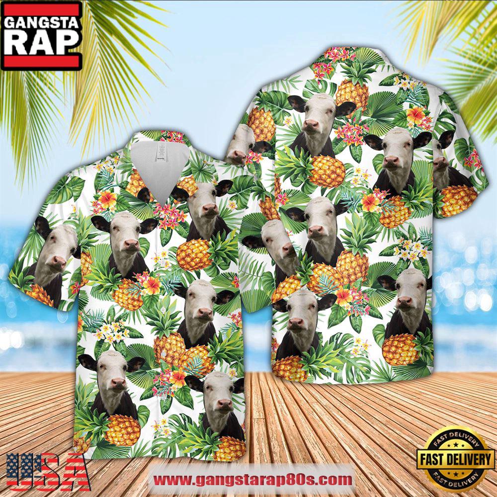 Black Baldy Pineapple Pattern 3D Hawaiian Shirt, Farm Hawaiian Shirt