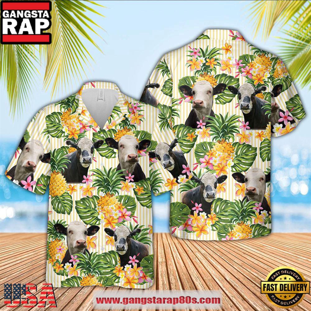 Black Baldy Pineapple Pattern Hawaiian Shirt, Farm Hawaiian Shirt