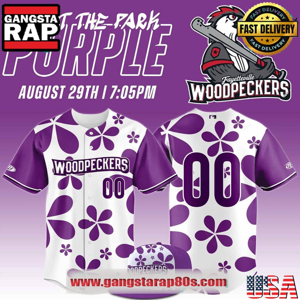 Fayetteville Woodpecker Purple Paint the Park Custom Baseball Jersey