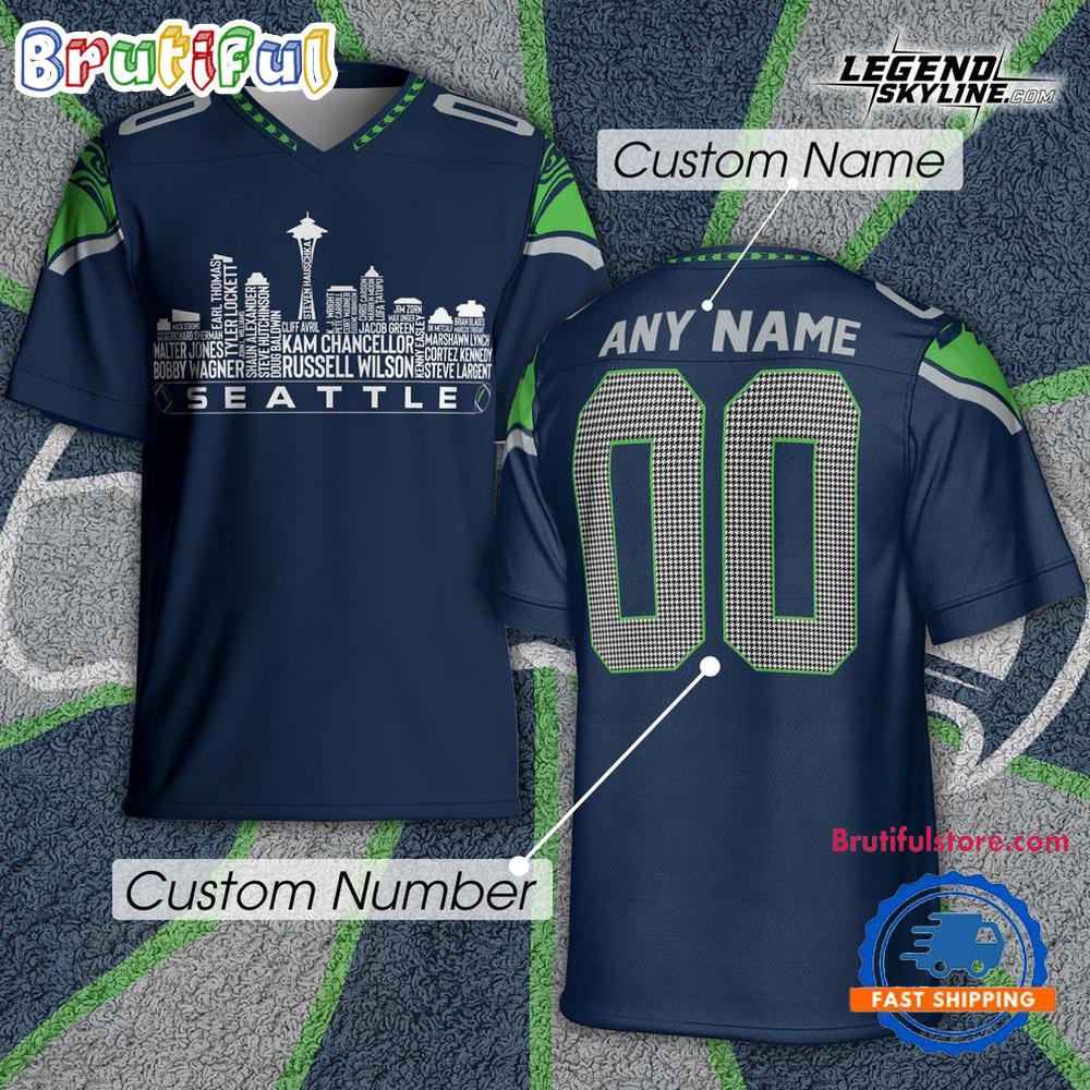 Featuring The City Skyline Built From Legendary Seattle Seahawks Football Jersey