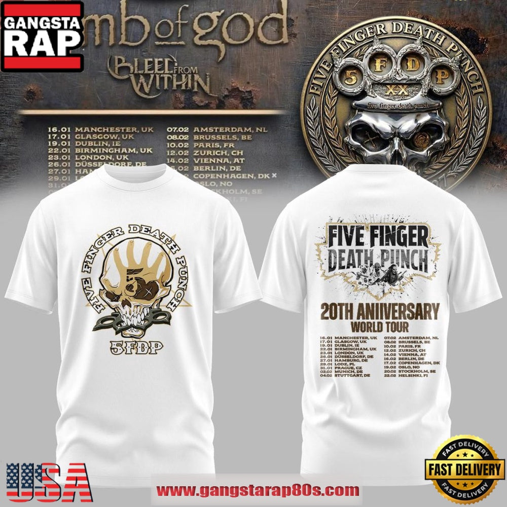 Five Finger Death Punch 20 Years No Mercy World Tour 2026 White 3D Shirt