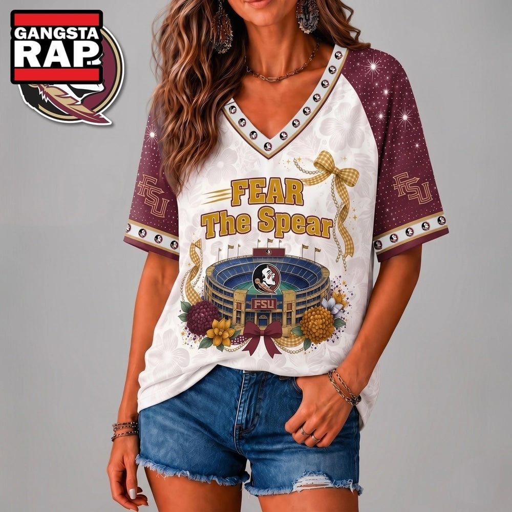 Florida State Seminoles NCAA Floral Stadium Bow V Neck 3D T Shirt
