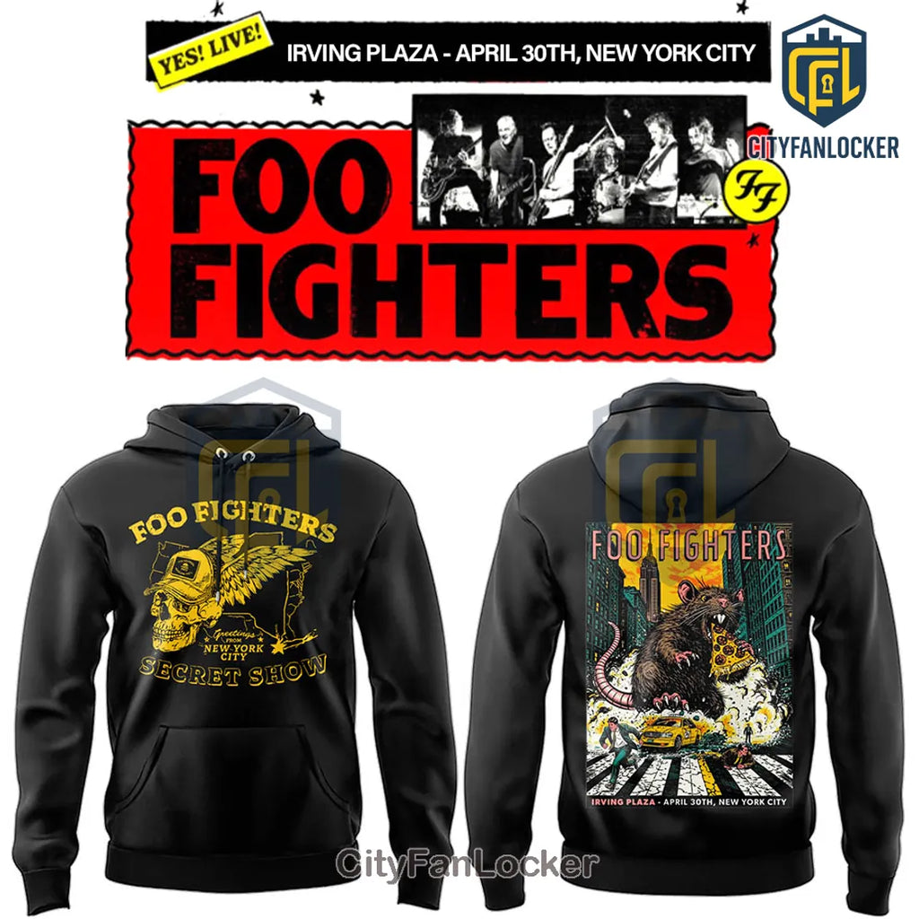 Foo Fighters Irving Plaza NYC Secret Show Rat Pizza Graphic Black Hoodie