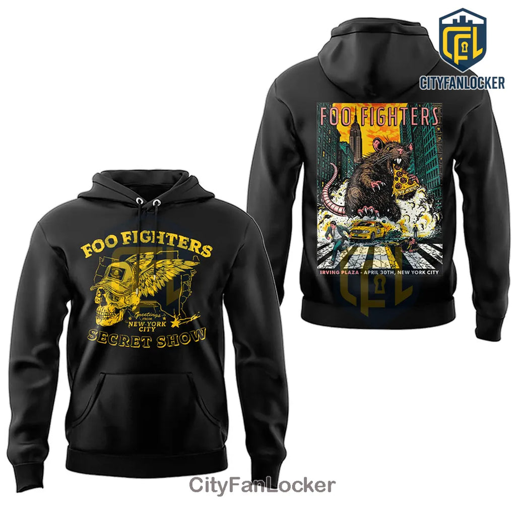 Foo Fighters Irving Plaza NYC Secret Show Rat Pizza Graphic Black Hoodie