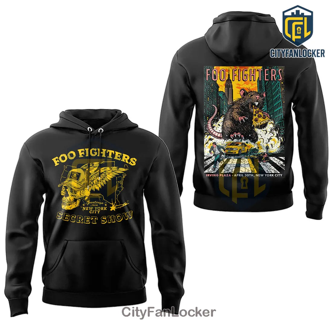 Foo Fighters Irving Plaza NYC Secret Show Rat Pizza Graphic Black Hoodie
