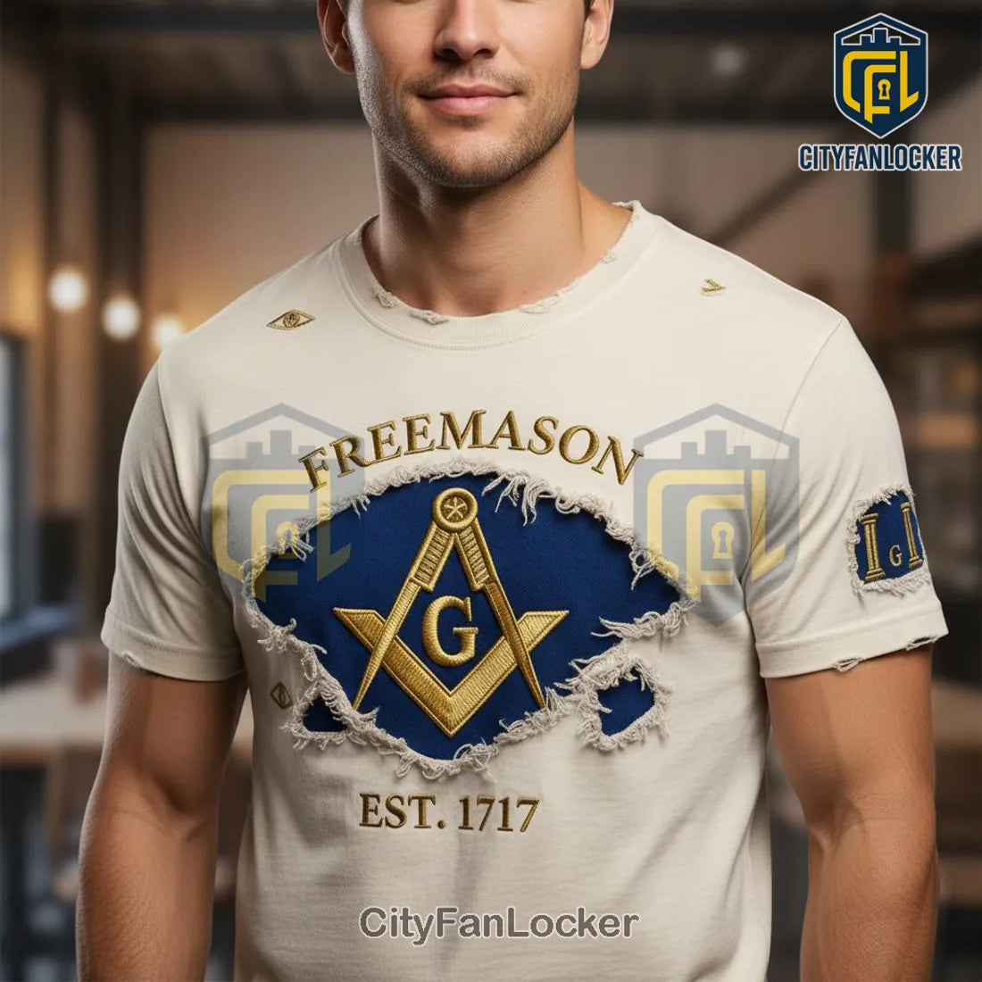 Freemason Est. 1717 Distressed Embroidered Square Compasses All-Seeing Eye T-Shirt