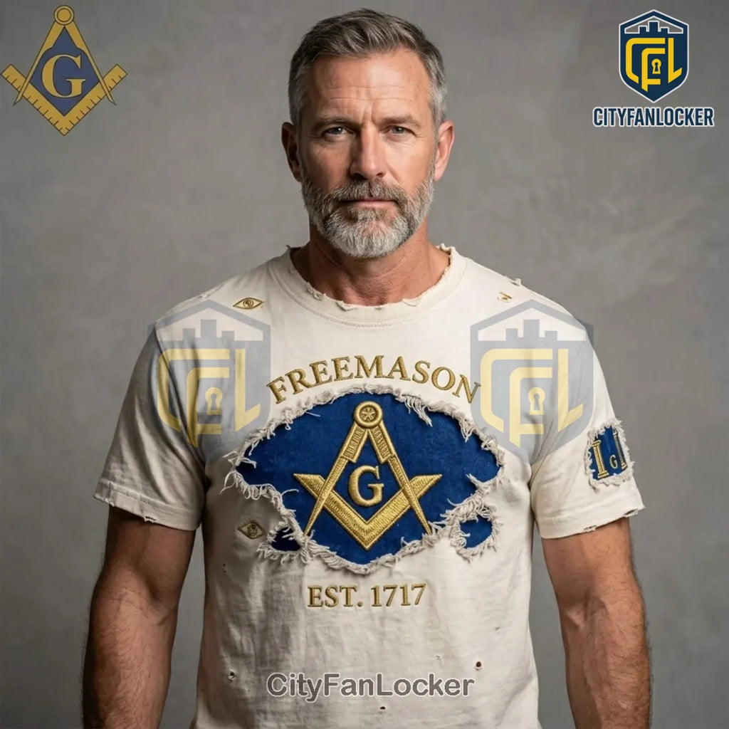 Freemason Est. 1717 Distressed Embroidered Square Compasses All-Seeing Eye T-Shirt