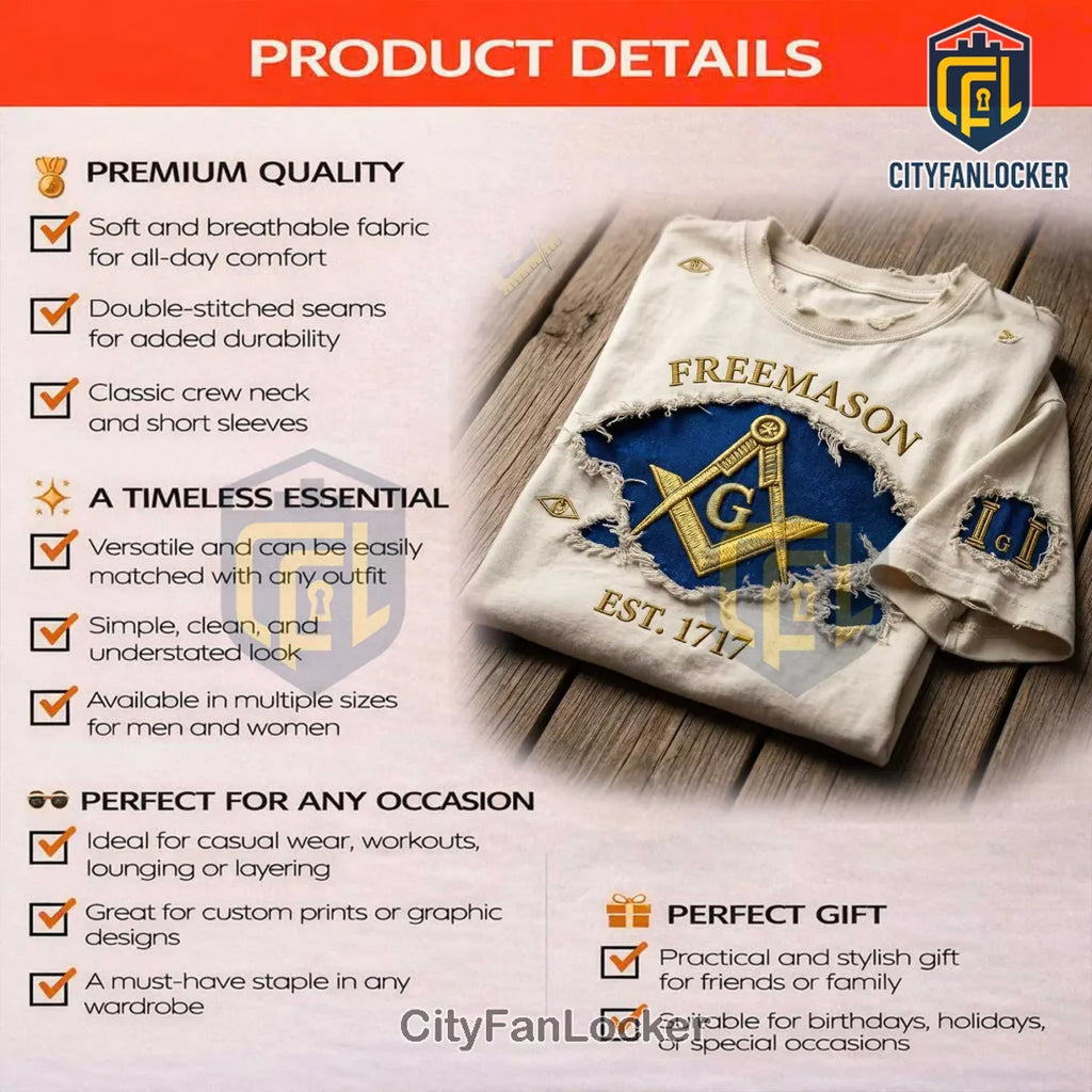 Freemason Est. 1717 Distressed Embroidered Square Compasses All-Seeing Eye T-Shirt