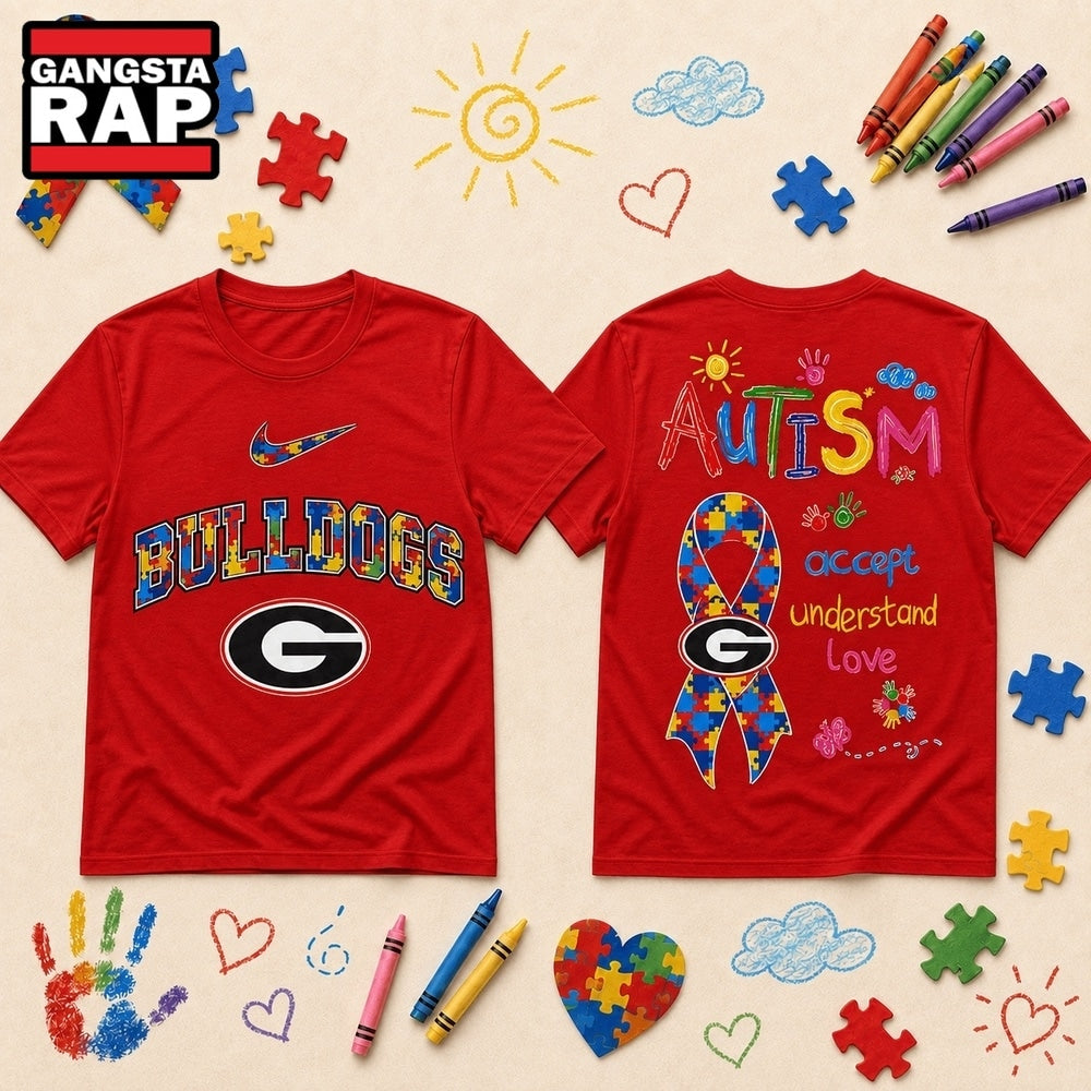 Georgia Bulldogs NCAA Autism Awareness Puzzle Ribbon Hoodie T-Shirt