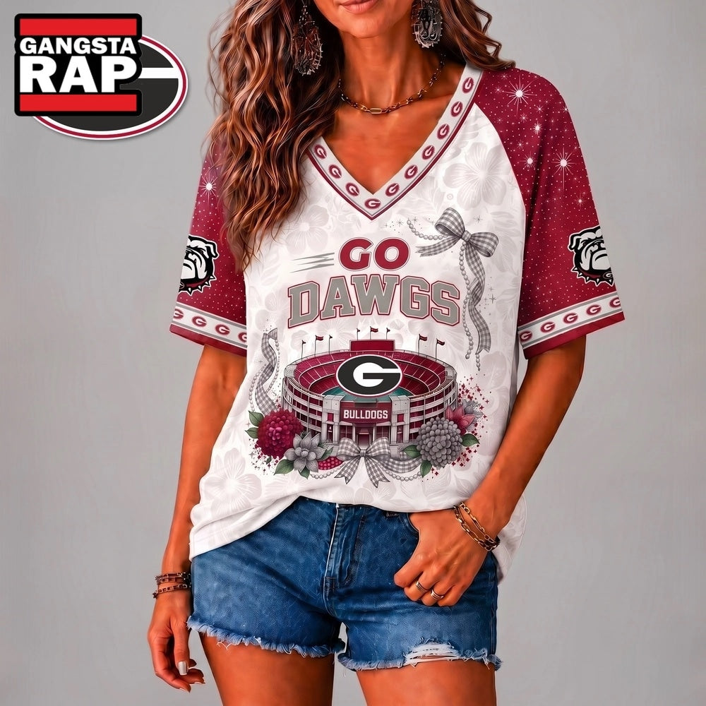Georgia Bulldogs NCAA Floral Stadium Bow V Neck 3D T Shirt