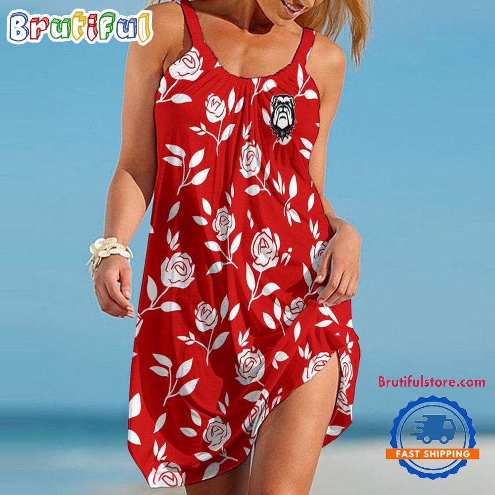 Georgia Bulldogs Rose Pattern Women’s Summer Beach Sling Dress