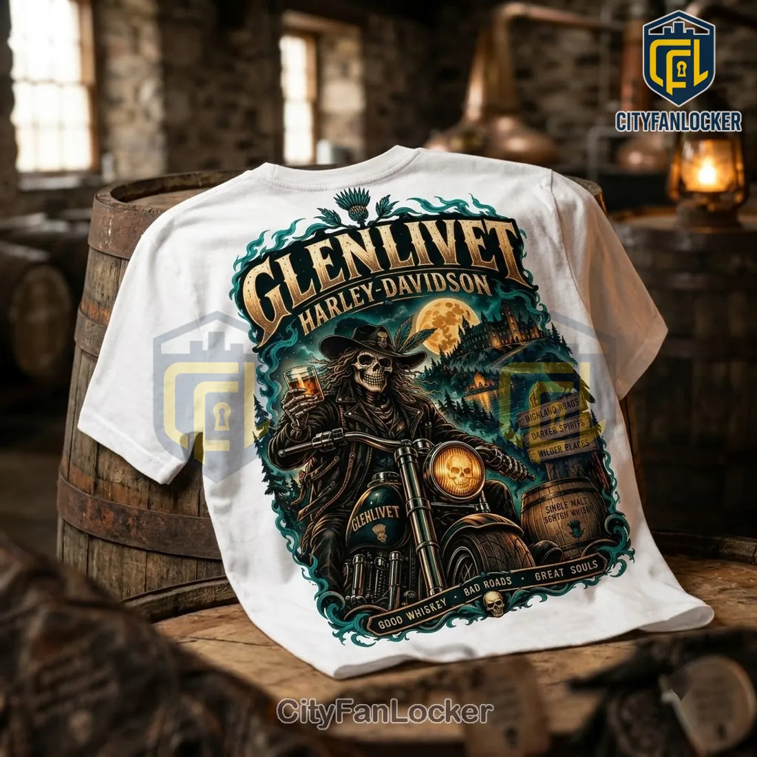 Glenlivet Harley-Davidson Highland Skeleton Rider White T-Shirt
