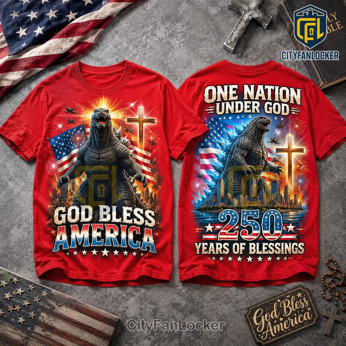Godzilla 250 Years of Blessings Red T-Shirt