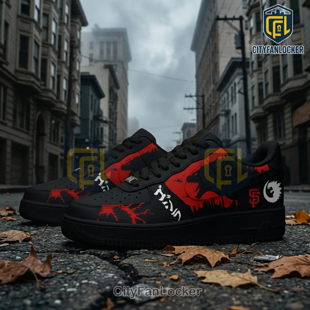Godzilla x San Francisco Giants Black Red Air Force 1 Sneakers